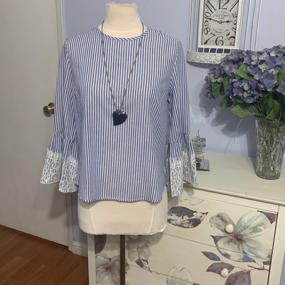 Given as Gift Blue and White Bell Sleeved Blouse - Picture 1 of 7